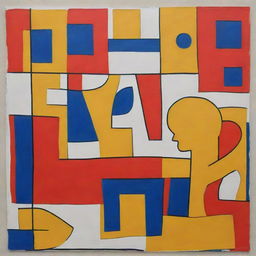 Generate a freehand style painting inspired by Le Corbusier, themed around human health. The painting should predominantly use primary colors to depict elements of both physical and mental wellness.