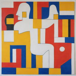 Generate a freehand style painting inspired by Le Corbusier, themed around human health. The painting should predominantly use primary colors to depict elements of both physical and mental wellness.