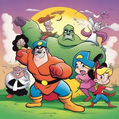 After many adventures and obstacles, the characters finally defeat the villain and save the day in the cartoon series.