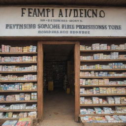 An image of a well-stocked medicine store, overflowing with different types of medicine. The top of the entrance features the sign 'Funmilayo Patent Medicine and Provisions Store'.