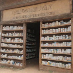 An image of a well-stocked medicine store, overflowing with different types of medicine. The top of the entrance features the sign 'Funmilayo Patent Medicine and Provisions Store'.