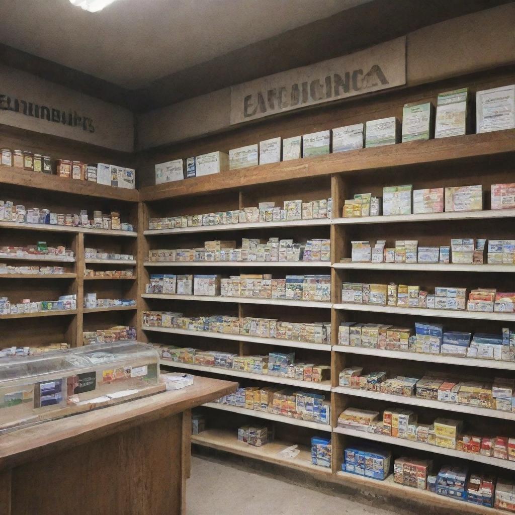 An image of a well-stocked medicine store, overflowing with different types of medicine. The top of the entrance features the sign 'Funmilayo Patent Medicine and Provisions Store'.