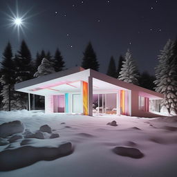 The pinnacle of Instagram aesthetics: a modern all-white house under a moonlit snowscape, aggressively amplified by the most radical Instagram filter. It radiates impossibly bright, multicolored lights, illuminating a cosmos of whimsically diverse planets, stars, and celestial phenomena magnetically drawn to its vibrant intensity.