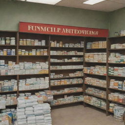 An image of a well-stocked medicine store, overflowing with different types of medicine. The top of the entrance features the sign 'Funmilayo Patent Medicine and Provisions Store'.