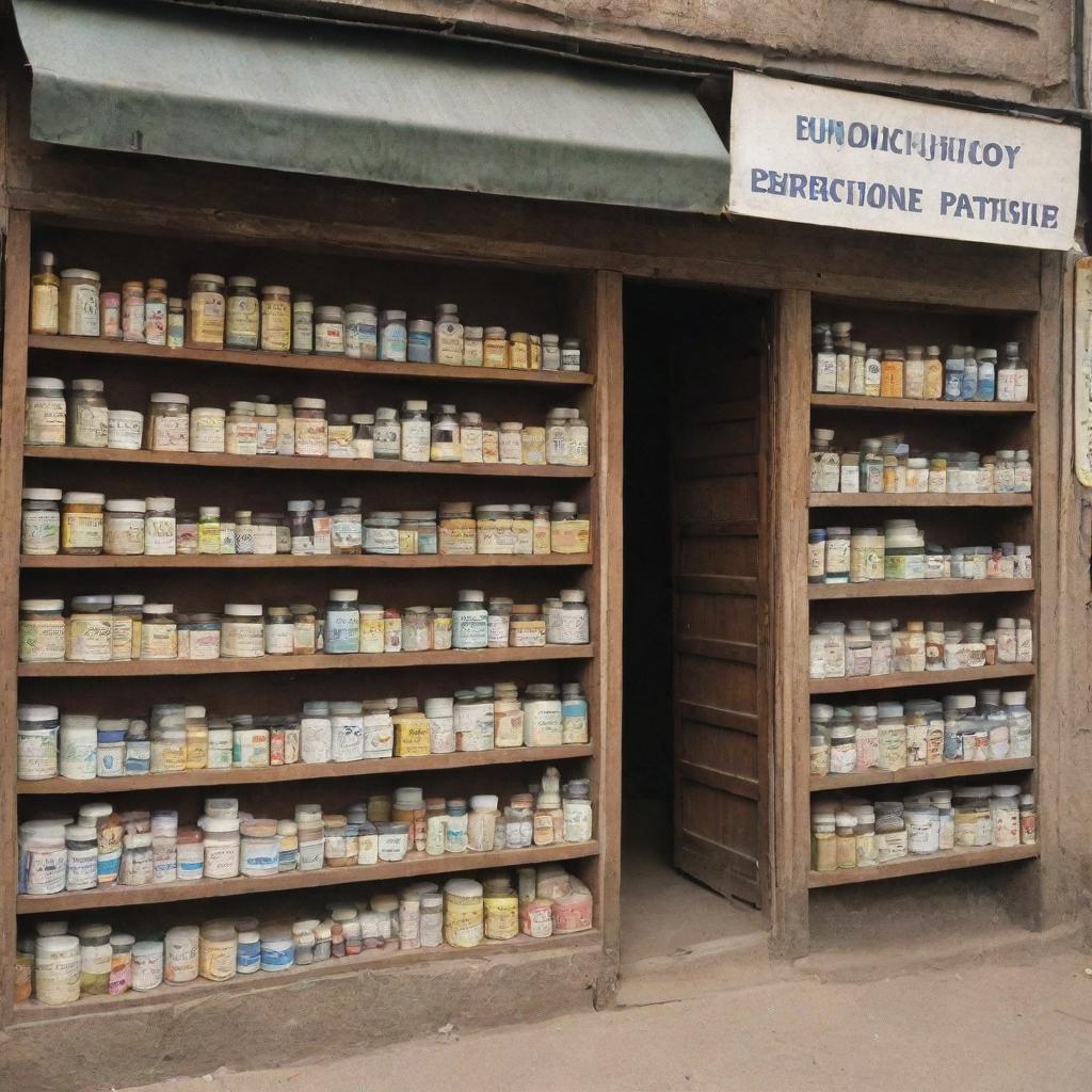 An image of a well-stocked medicine store, overflowing with different kinds of medicine. The entrance bears a sign reading 'Funmilayo Patent Medicine and Provisions Store'.