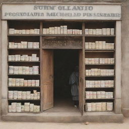 An image of a well-stocked medicine store, overflowing with different kinds of medicine. The entrance bears a sign reading 'Funmilayo Patent Medicine and Provisions Store'.