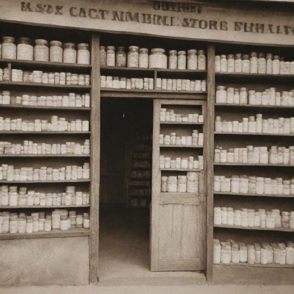 An image of a well-stocked medicine store, overflowing with different kinds of medicine. The entrance bears a sign reading 'Funmilayo Patent Medicine and Provisions Store'.