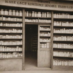 An image of a well-stocked medicine store, overflowing with different kinds of medicine. The entrance bears a sign reading 'Funmilayo Patent Medicine and Provisions Store'.