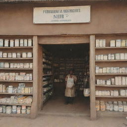 An image of a well-stocked medicine store, overflowing with different kinds of medicine. The entrance bears a sign reading 'Funmilayo Patent Medicine and Provisions Store'.