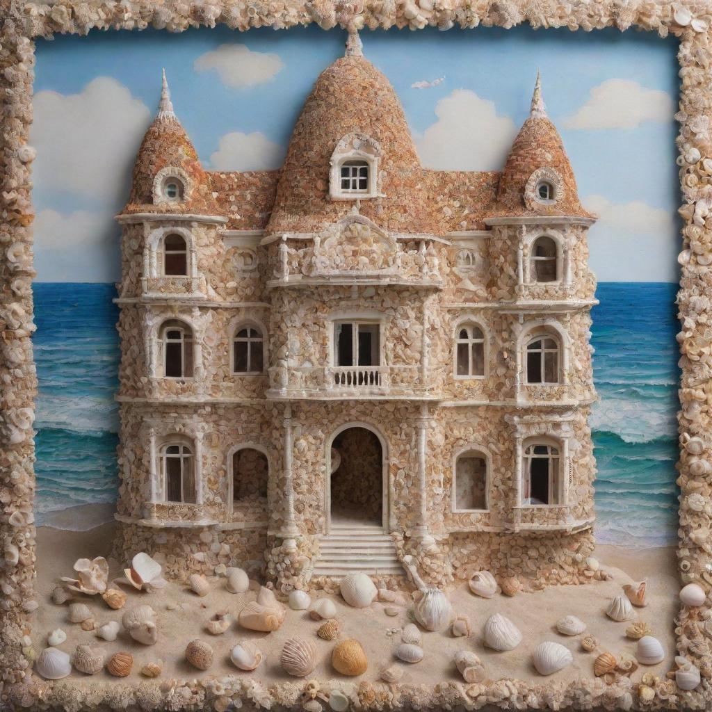 An intricate painting of a building made entirely of seashells