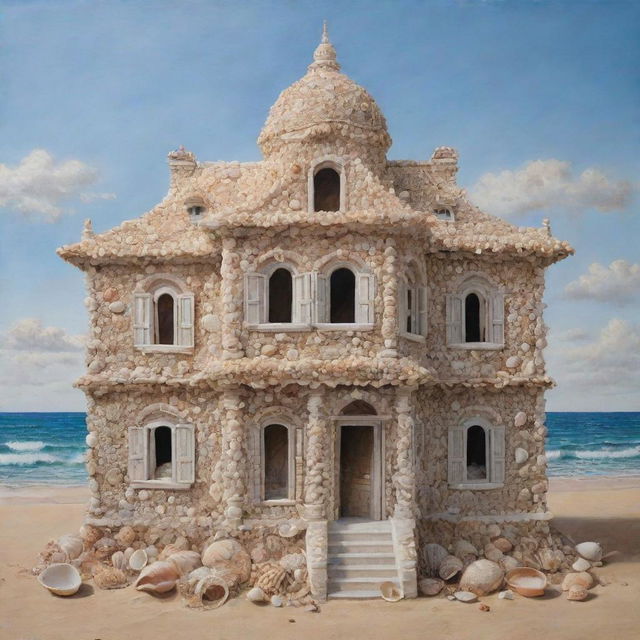 An intricate painting of a building made entirely of seashells