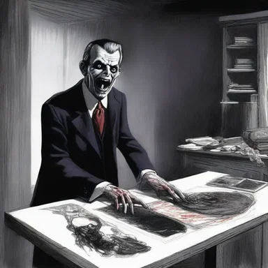 The artist used the drawing board to create a terrifying scene with dark shadows and gory details for the horror novel's cover.