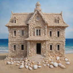 An intricate painting of a building made entirely of seashells