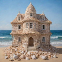 An intricate painting of a building made entirely of seashells