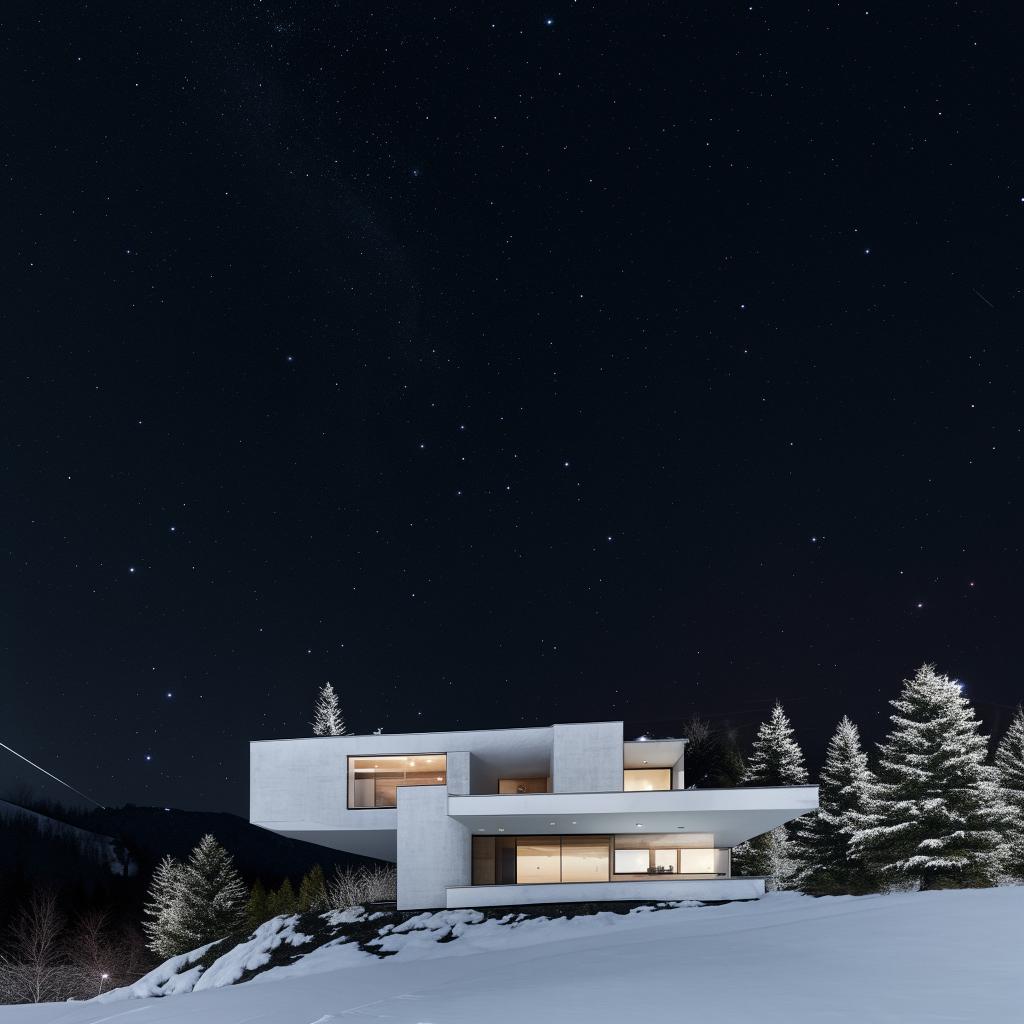 A white, minimalist, multi-level concept home set against a snowy mountain landscape at night, lit up by the celestial spectacle of a meteor shower.