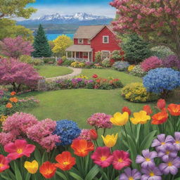 A hyper-realistic spring scene with a spectacular backdrop of vibrant flowers depicted in the style of a children's coloring book cover.