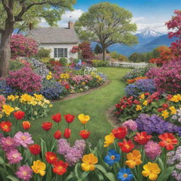 A hyper-realistic spring scene with a spectacular backdrop of vibrant flowers depicted in the style of a children's coloring book cover.