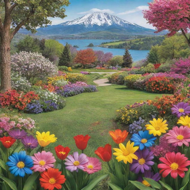 A hyper-realistic spring scene with a spectacular backdrop of vibrant flowers depicted in the style of a children's coloring book cover.