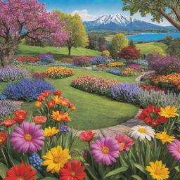 A hyper-realistic spring scene with a spectacular backdrop of vibrant flowers depicted in the style of a children's coloring book cover.