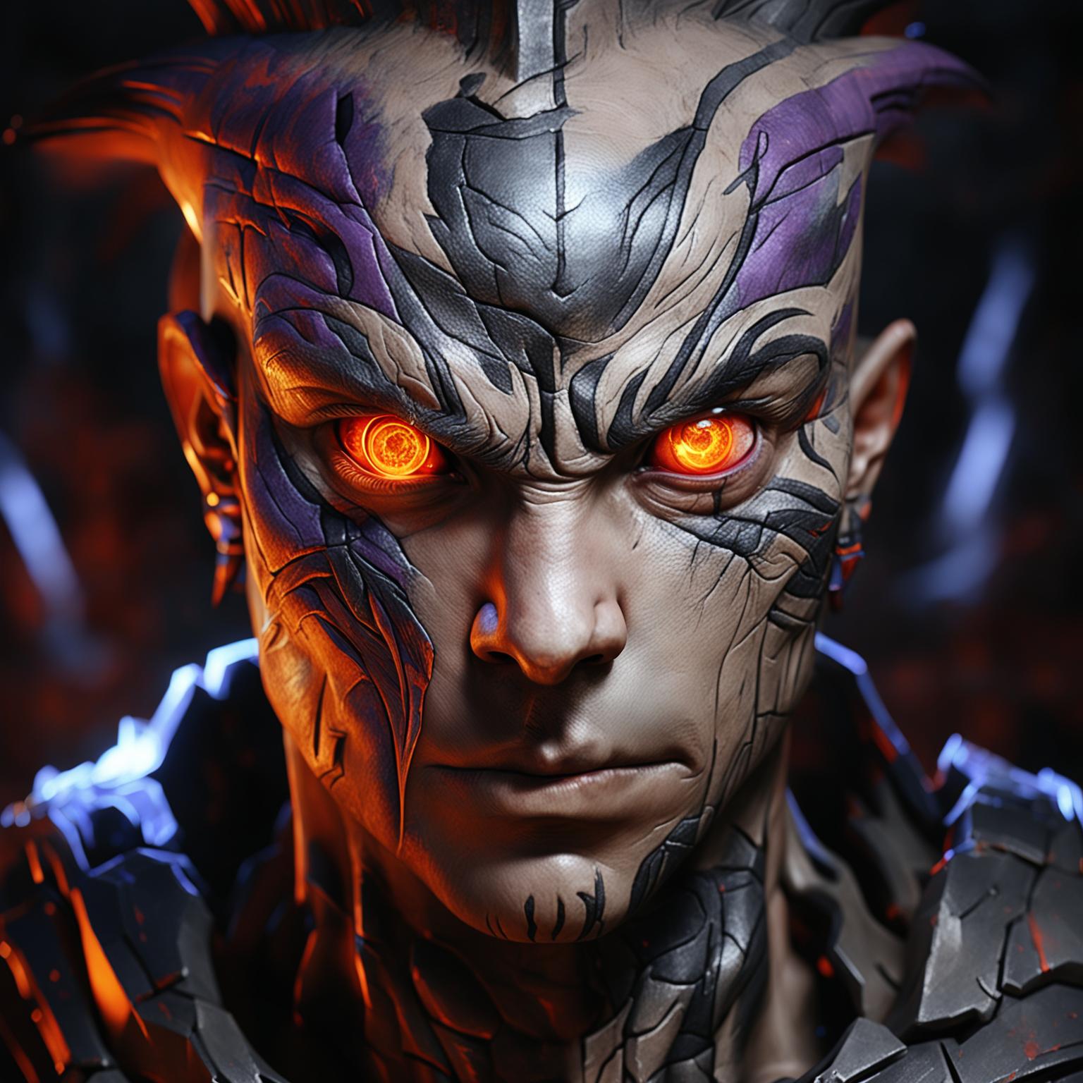 A close-up 3D animation of Sion from League of Legends, showcasing his battle-scarred face with glowing orange eyes and a grim expression.