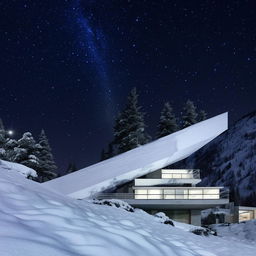 A white, minimalist, multi-level concept home set against a snowy mountain landscape at night, lit up by the celestial spectacle of a meteor shower.