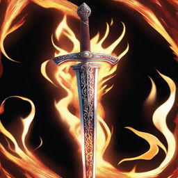 This is a high-quality digital art image depicting an anime-style sword engulfed in roaring, vibrant flames