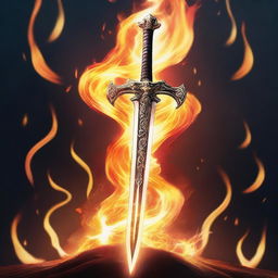 This is a high-quality digital art image depicting an anime-style sword engulfed in roaring, vibrant flames