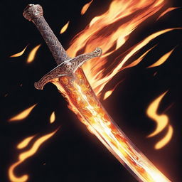 This is a high-quality digital art image depicting an anime-style sword engulfed in roaring, vibrant flames