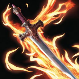 This is a high-quality digital art image depicting an anime-style sword engulfed in roaring, vibrant flames