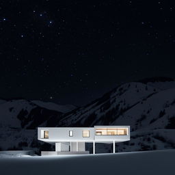 A white, minimalist, multi-level concept home set against a snowy mountain landscape at night, lit up by the celestial spectacle of a meteor shower.