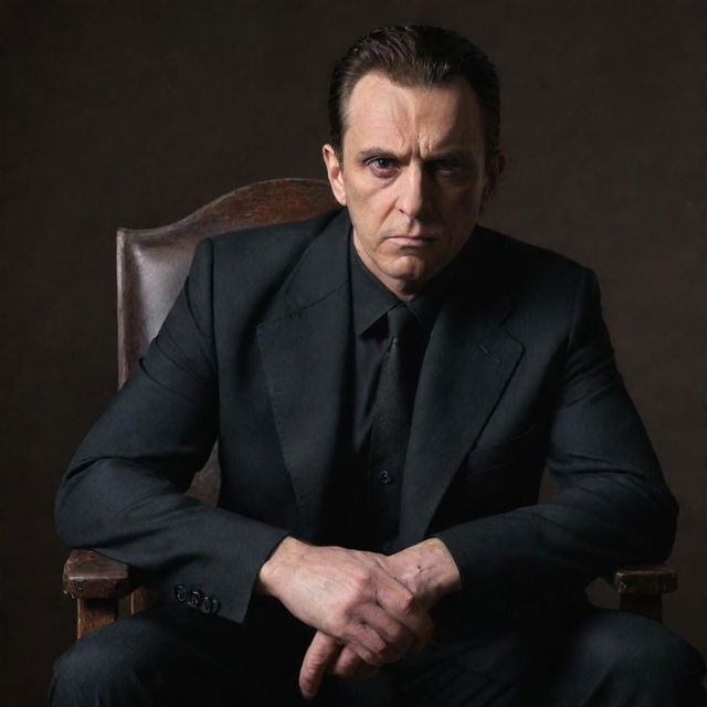 A dangerous-looking man sitting on a sturdy chair, with menacing eyes and a dark attire.