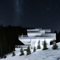 A white, minimalist, multi-level concept home set against a snowy mountain landscape at night, lit up by the celestial spectacle of a meteor shower.