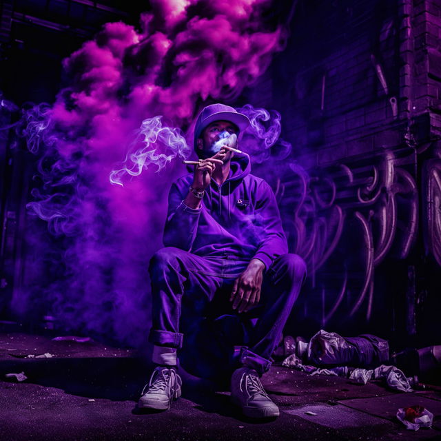 A trap homie in streetwear smokes a purple cigar in a dimly lit urban setting, surrounded by thick clouds of glowing purple smoke.