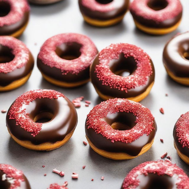 This is a high-quality, mouth-watering image of chocolate donuts, topped with a generous scatter of white and red sprinkles