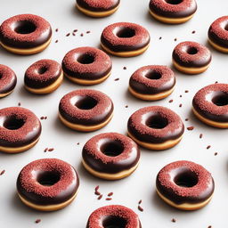 This is a high-quality, mouth-watering image of chocolate donuts, topped with a generous scatter of white and red sprinkles