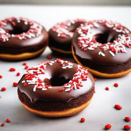 This is a high-quality, mouth-watering image of chocolate donuts, topped with a generous scatter of white and red sprinkles