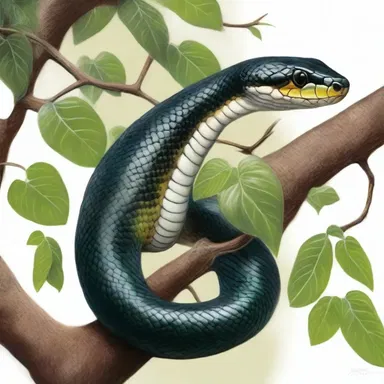 The artist depicted a beautiful rat snake coiled around a tree branch in her painting.