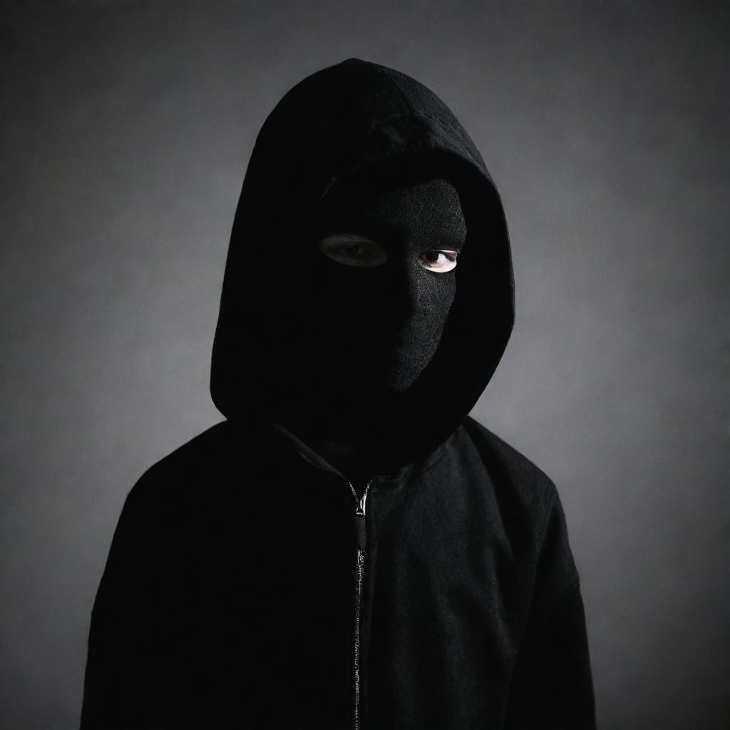 A mysterious boy in dangerous, dark clothing, with his face obscured by a shadow or a mask.