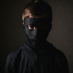 A mysterious boy in dangerous, dark clothing, with his face obscured by a shadow or a mask.