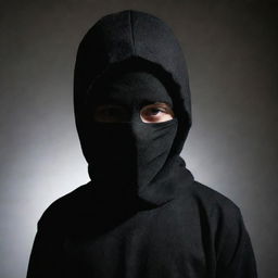 A mysterious boy in dangerous, dark clothing, with his face obscured by a shadow or a mask.