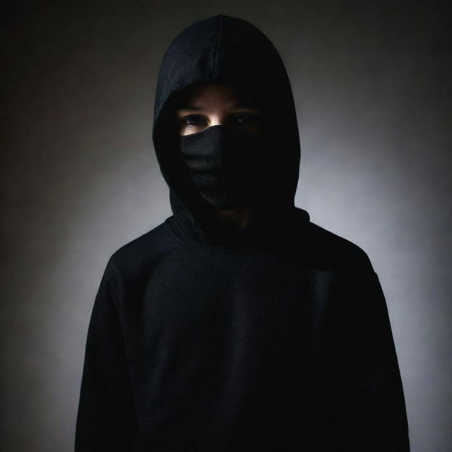 A mysterious boy in dangerous, dark clothing, with his face obscured by a shadow or a mask.