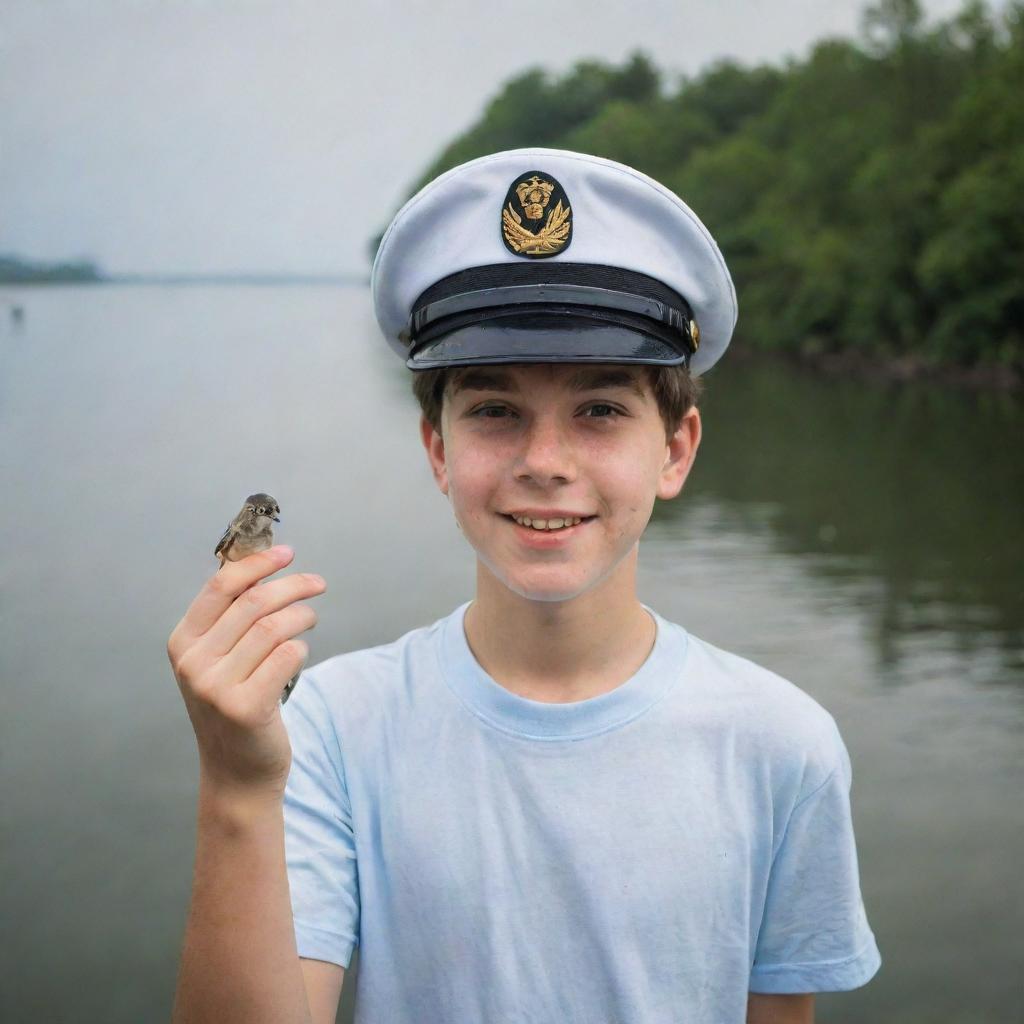 A teenage boy with a captain's hat, expressing adoration for fishes and birds.