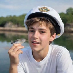 A teenage boy with a captain's hat, expressing adoration for fishes and birds.