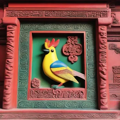 The temple's altar was adorned with a carving of a colorful chatterer bird.