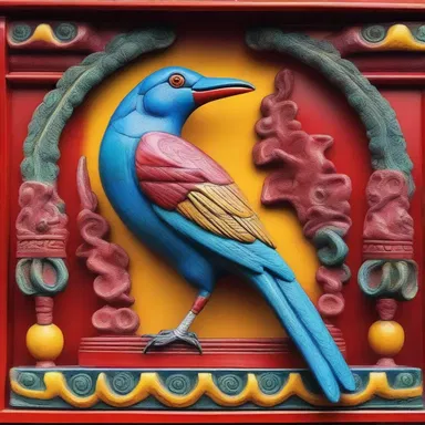 The temple's altar was adorned with a carving of a colorful chatterer bird.