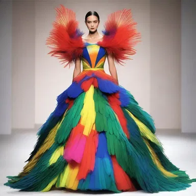 The designer showcased a stunning dress inspired by the vibrant plumage of the chatterer bird.