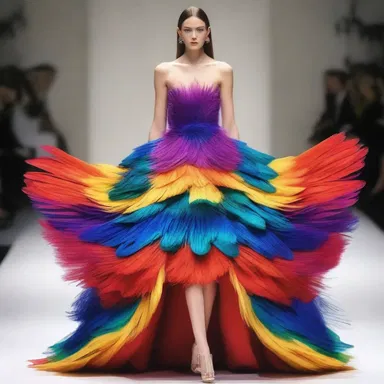 The designer showcased a stunning dress inspired by the vibrant plumage of the chatterer bird.
