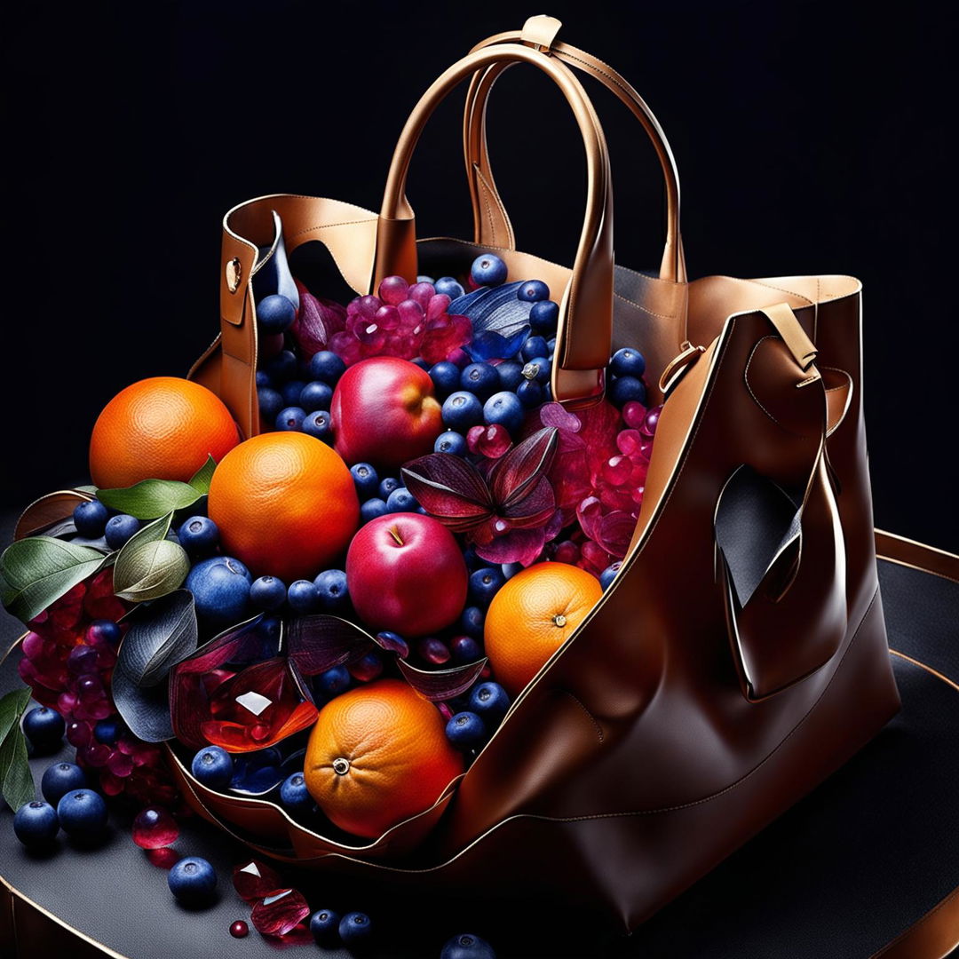 A luxury leather grocery bag filled with vibrant fruits and precious jewels in an artful arrangement for a product editorial photo.