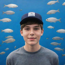 A teenage boy with a cap, surrounded by various fishes and birds.