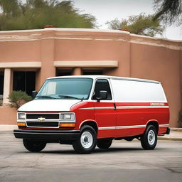 This is a high-resolution image of a 1994 Chevrolet G20, painted in a vibrant red and white color scheme